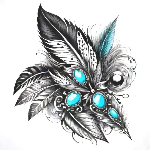 feathers and turquoise beads tattoo design idea