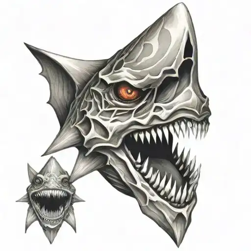 Triangle monster creature with 69 eyes and in the center will be a shark jaw the skin of the triangle will be dinosour tattoo design idea