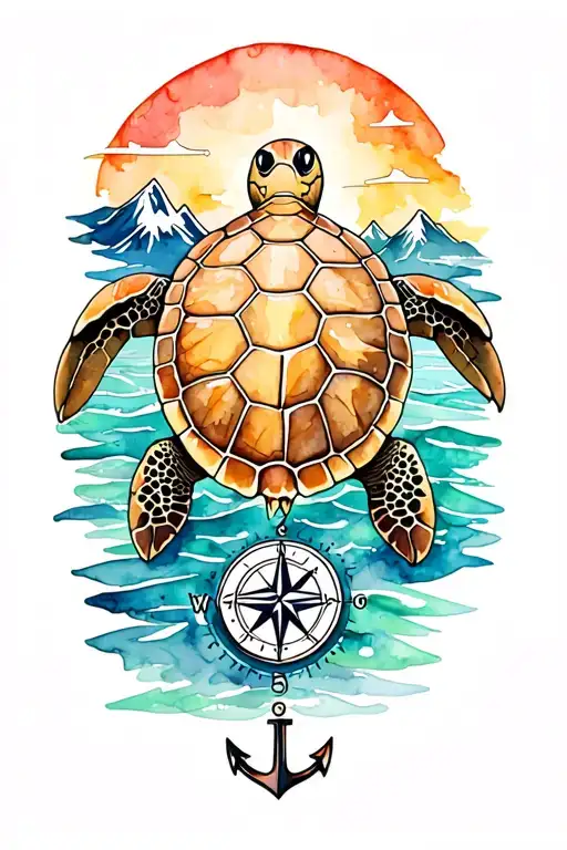 Sea turtle, ocean, mountains, anchor, compass tattoo design idea