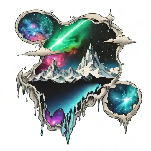 space and mountains with aurora borealis colors tattoo design idea