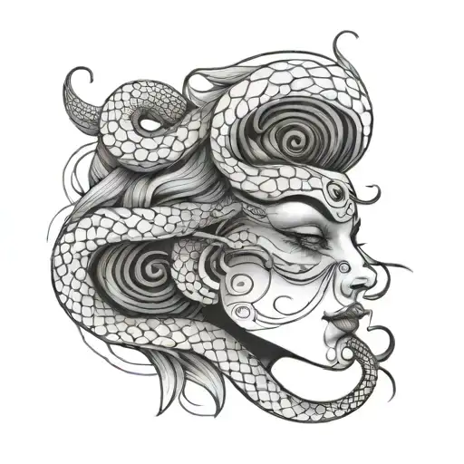 fine line face and snake tattoo tattoo design idea
