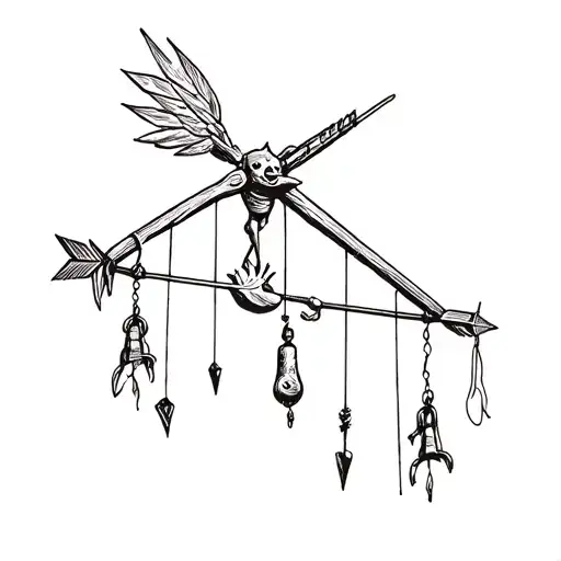 weathervane with marionette puppet on strings hanging from arrows tattoo design idea