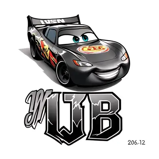 Initials NJB in cursive, 10-26-12 in roman numerals, and the lightning mcqueen logo from cars  tattoo design idea