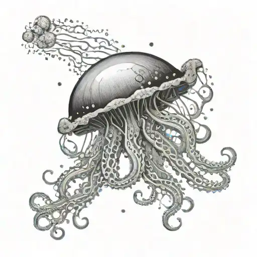 Tentacles reaching out to the New Year's ball. A jellyfish is floating on top. The New Year's ball is between them tattoo design idea