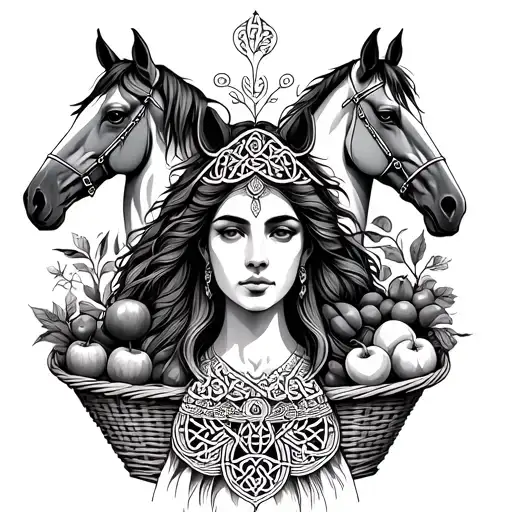 Celtic Goddess, Epona. surrounded by Horses and baskets of fruit tattoo design idea
