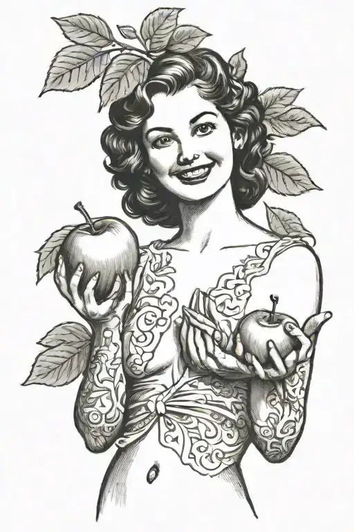A nude woman smiling and holding an apple in her raised left hand. Behind the woman is an apple tree. tattoo design idea