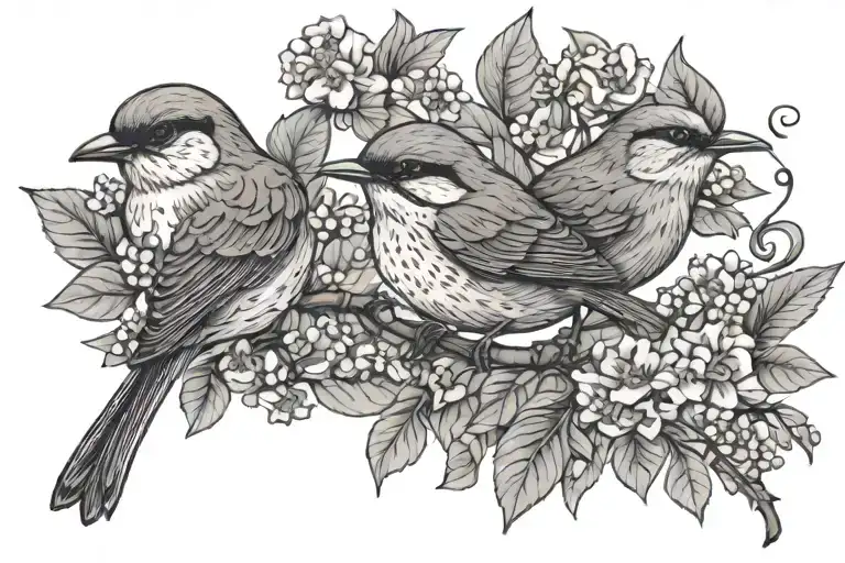 acorn, wren bird, forget me not flowers intertwined tattoo design idea