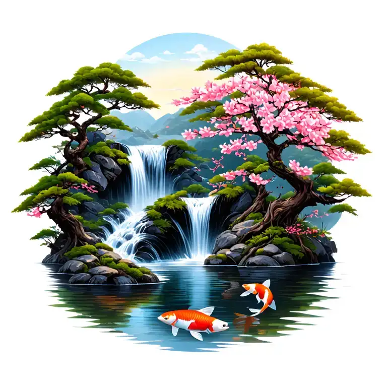 cherry blossom tree on the right side extending up back and across shoulders with a waterfall into a pond with koi fish tattoo design idea