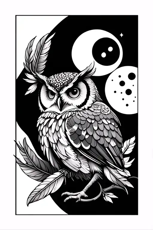 owl, triple goddess, moon phases, feathers tattoo design idea
