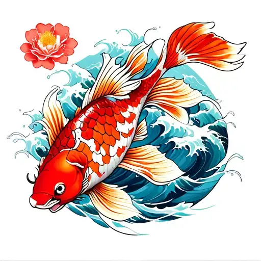 carpe koi fish, cherry flower, ocean waves, dragon, tattoo design idea