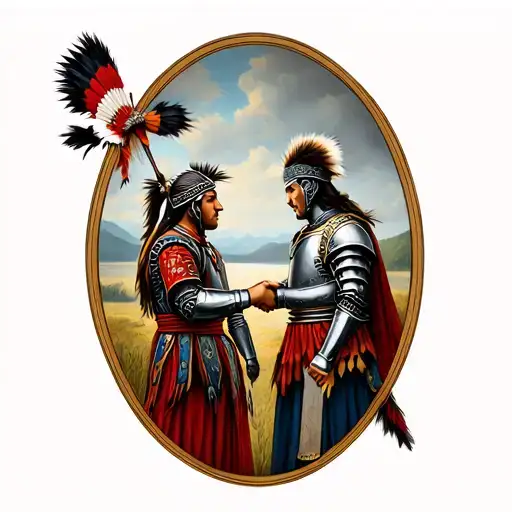 native canadian and old english knight shaking hands  tattoo design idea