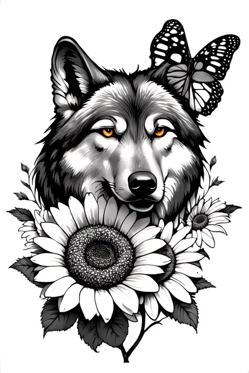 wolf head, sunflower, daisy, and rose with a butterfly tattoo design idea