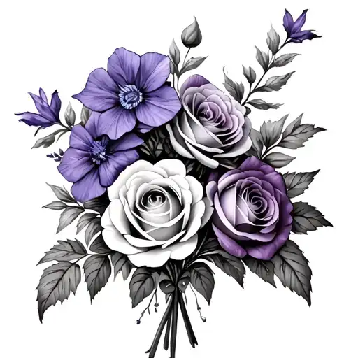 Larkspur, violet And Rose bouquet tattoo design idea