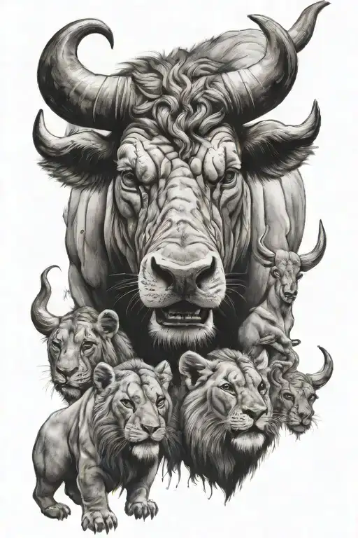 black and white photo realism of an angry bull watching over 2 lion cubs with a libra zodiac sign tattoo design idea