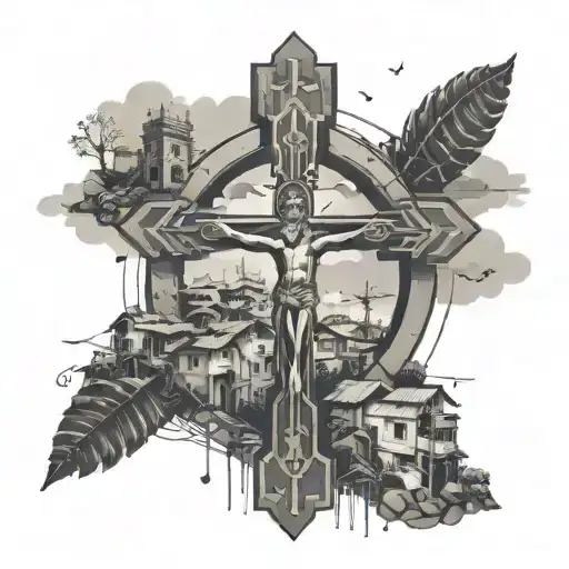 Christian cross surrounded by favela in Brazil tattoo design idea