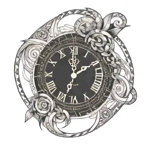a clock with greek numbers and an infinity symbol inside tattoo design idea