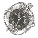 a clock with greek numbers and an infinity symbol inside tattoo design idea