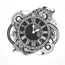 a clock with greek numbers and an infinity symbol inside tattoo design idea