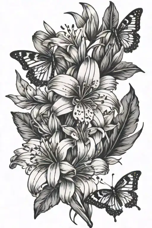 Peruvian Lily spine tattoo with butterflies flying minimalist tattoo design idea
