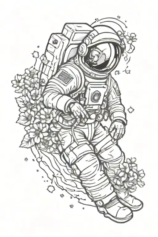 astronaut holding flowers in space surrounded tattoo design idea