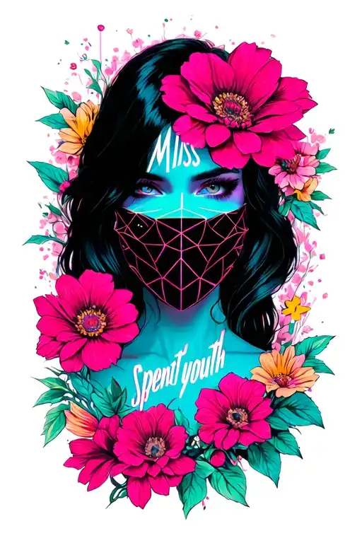"Miss spent youth" "Miss spent youth" sexy woman flowers geometric futuristic unmasking blacks neon colours full coverage  tattoo design idea