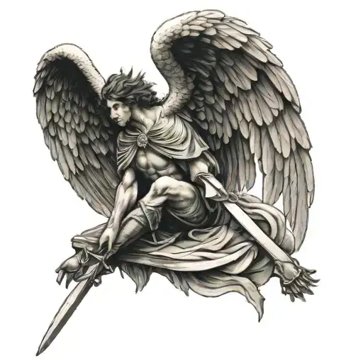 realism crying icarus angel knee hug sitting while holding a sword pointing upward upward tattoo design idea