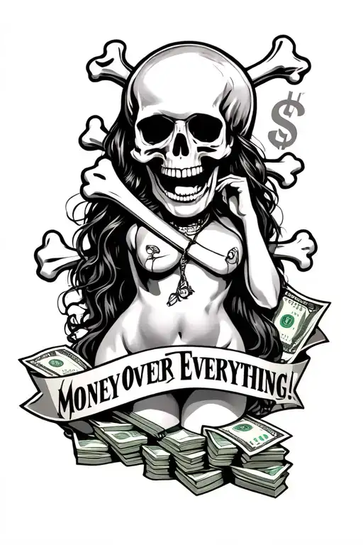 skull and bones over stacks of $100's, with a sexy hoe in a sleazy sheet banner that says, "Money Over Everything!". tattoo design idea