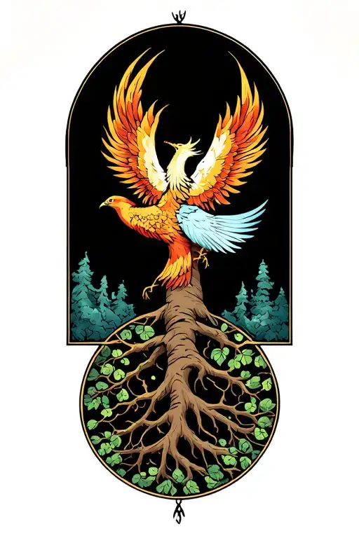 phoenix rising above tree of life intertwined tattoo design idea