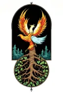 phoenix rising above tree of life intertwined tattoo design idea