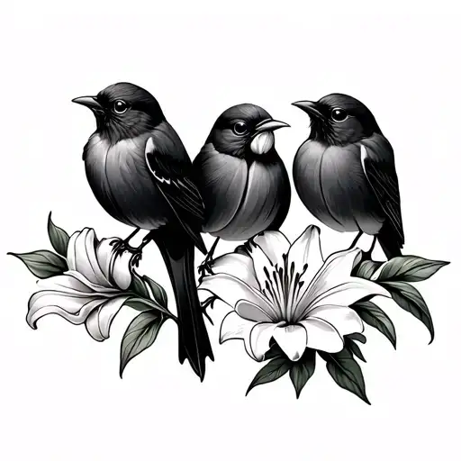 3 little birds with birth month flowers wrapped lily rose tulip tattoo design idea