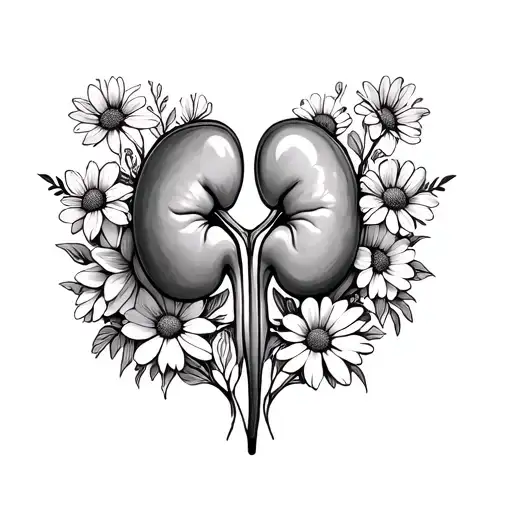 Three kidneys, two up and one down, the one below gives life to both of them and they are filled with flowers tattoo design idea