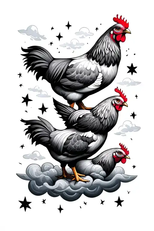 lots of chickens, clouds, stars tattoo design idea