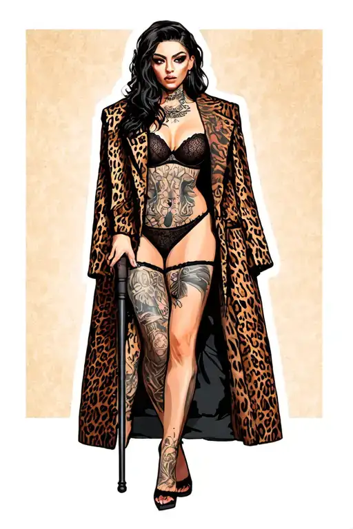prostitute in lingerie wearing a long leopard print jacket, full body with long cane tattoo design idea