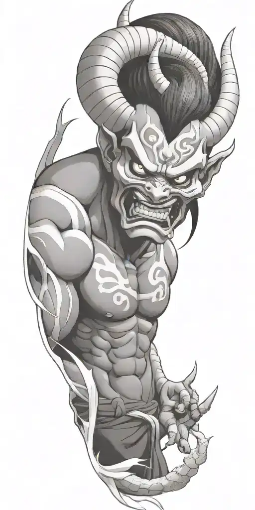 male anime character  oni mask fighting off inner demons  tattoo design idea