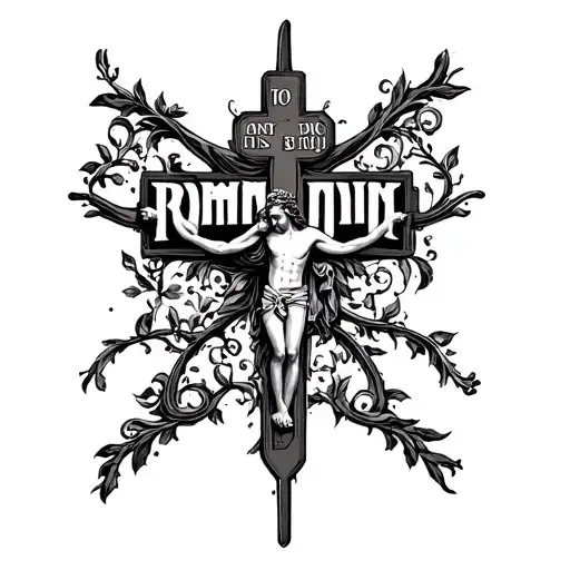 The words "Romans 8:11" using the words to make a crucifix shape tattoo design idea