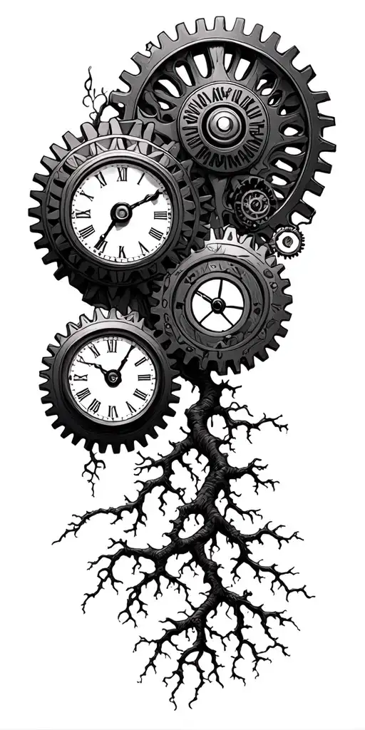 GEARS WITH CLOCKS IN THEM AND  ROOTS GROWING out tattoo design idea