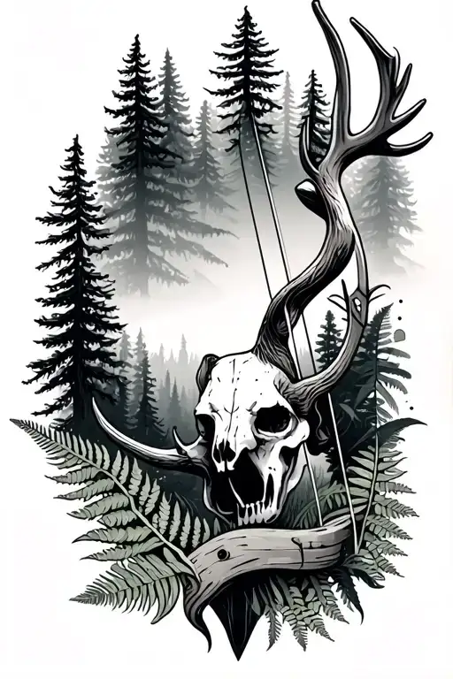 minimalist sleeve including a recurve bow, stag skull, ferns, pine trees tattoo design idea