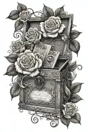 open music box with roses and vines, music notes and movie symbols flowing out tattoo design idea