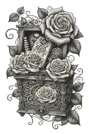 open music box with roses and vines, music notes and movie symbols flowing out tattoo design idea