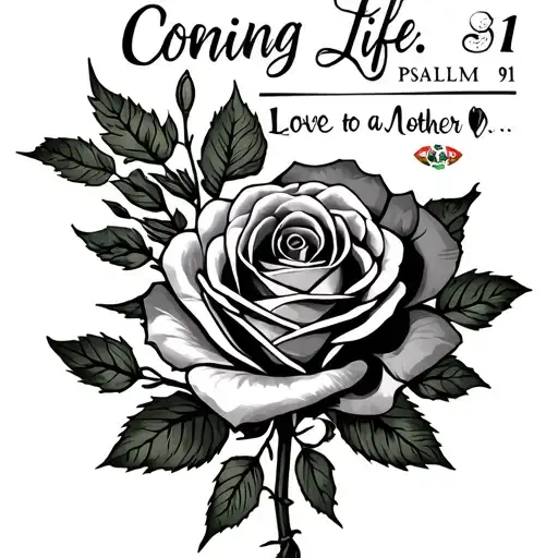 "Psalm: 91" sleeve tattoo-catholisism, dead rose coming to life(addiction) love of a mother Mexican flag, family in the center  tattoo design idea