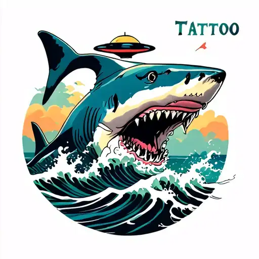 neo traditional style tattoo featuring a great white shark coming out of the waves in the sea with a UFO above tattoo design idea