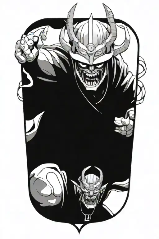 anime character full body wearing a oni mask fighting off inner demons tattoo design idea