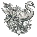 a swan with a crown and at its feet a branch of olive tree and a branch of oak tree tattoo design idea
