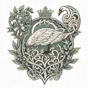 a swan with a crown and at its feet a branch of olive tree and a branch of oak tree tattoo design idea