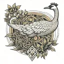 a swan with a crown and at its feet a branch of olive tree and a branch of oak tree tattoo design idea