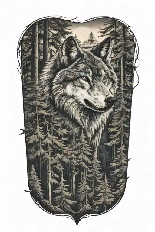 wolf blue eyes howling forest landscape tattoo design idea