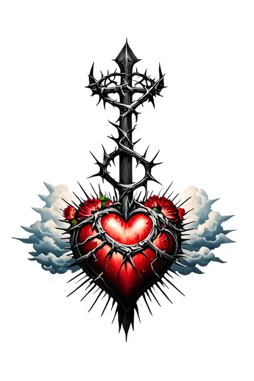 Norse valkarie, clouds, rays, floral patterns, crown of thorns, heart tattoo design idea