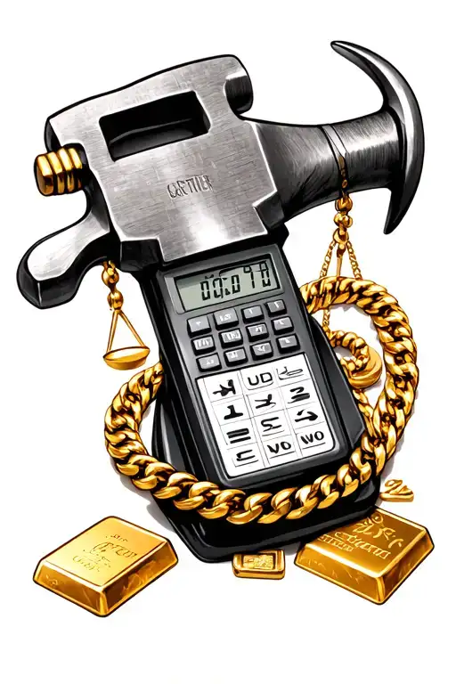 Wrist tattoo design including hammer and pliers, goldsmith's scale, calculator, gold bar and Cartier necklace tattoo design idea
