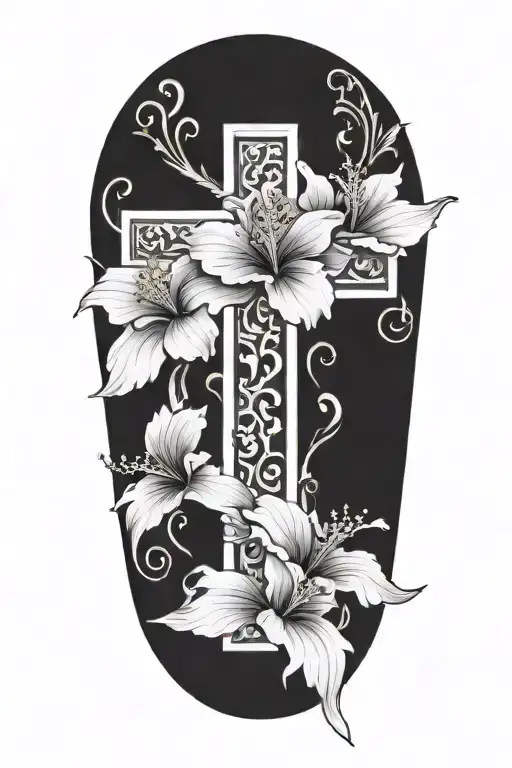 christian cross with a black border and white inside. surrounded by hibiscus flowers and cherry blossoms tattoo design idea