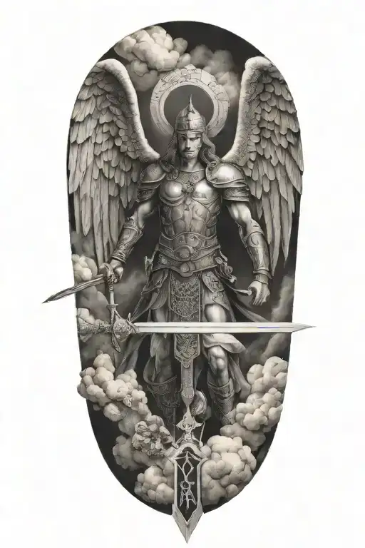 Archangel Michael wielding a sword in Enochian language script, surrounded by clouds in a blackwork style tattoo design idea